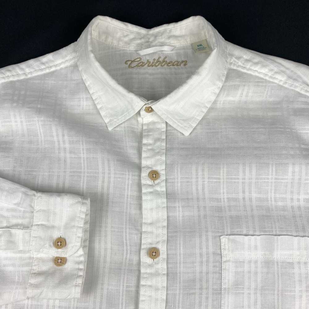 Caribbean Shirt Mens XXL White Linen/Cotton Blend Regular‎ Fit Long Sleeves